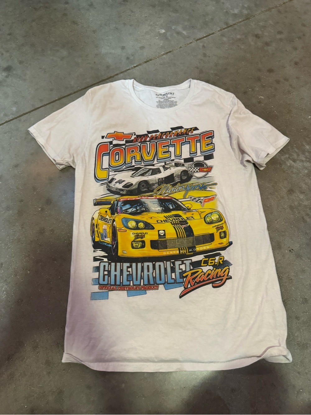 Chemistry White Short-Sleeve Corvette Graphic Tee with Yellow Racing Print